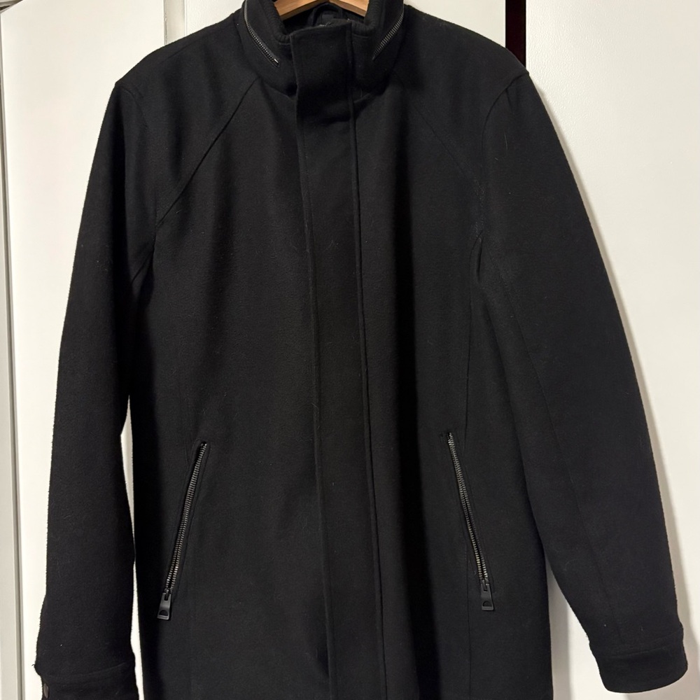 GUESS Men’s Black Wool Blend Stand Collar Coat - Quilted Lining - Size (L)